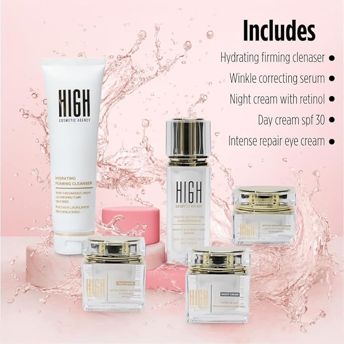 Skin Care Set (5 Pcs) Eternity by High Cosmetic Agency, Complete Anti-Aging Kit with Retinol Night Cream, Vitamin C Serum, Hydrating Cleanser, Eye Cream & Day Moisturizer with SPF 30
