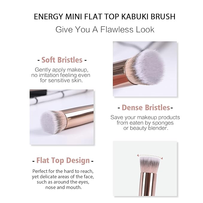 ENERGY Under Eye Concealer Brush Mini Flat Top Kabuki Foundation Brush with Synthetic Bristles for Concealing,Blending,Setting,Buffing with Powder,Liquid,Cream Cosmetics,Vegan Makeup Brush