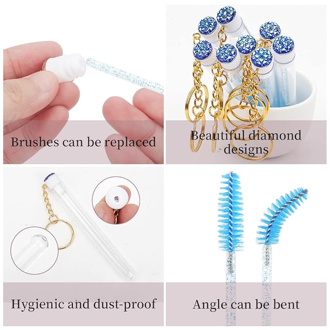 20 Pcs Mascara Wand Tube Set Diamond Key Chain Tube Empty Mascara Brushes & Eyelash Spoolies Brush Makeup Tool Applicator (Deep blue)