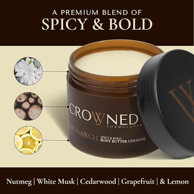 Crowned Skin Monarch Body Butter Cologne for Men | Spicy and Bold | New Moisturizing Formula Scented with White Musk & Cedarwood | Infused with Natural Shea & Mango Butters | All-Day Fragrance | 4.4oz