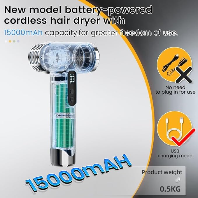 Cordless Hair Dryer, 15000mAh Battery, Rechargeable Hair Dryer, 3 Adjustable Hot and Cold Wind, Used for Travel, Camping, and RV.