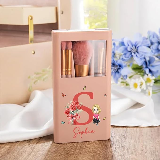 callie Personalized Makeup Brushes Sets for Women, Custom Birth Flower Bouquet Cartoon Character 5 Pcs Makeup Brushes Box Set with Name Initial and Mirror Birthday Gift for Women Girl