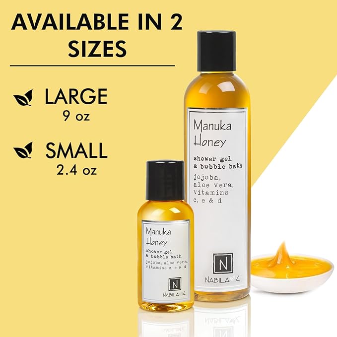 Nabila K Manuka Honey Shower Gel & Bubble Bath, 2.4 oz – Non-Drying Body Wash with Jojoba, Aloe Vera & Vitamins – Naturally-Derived, Sulfate-Free – Made in USA – For Men & Women