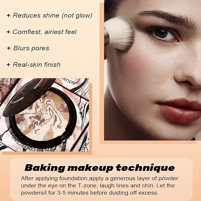 Pressed Matte Face Powder, Bake Foundation Makeup, Balance-n-Brighten & Color Correcting, Medium Light Fair Brown Concealer Base Mak up for Poreless Wrinkle Finishing, Shine Control