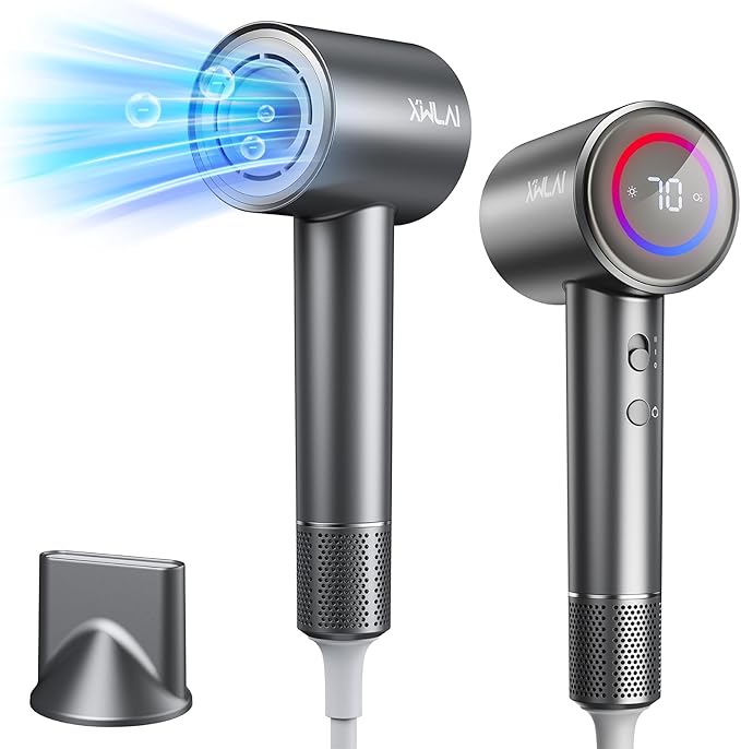 Hair Dryer, 110000 RPM High-Speed Brushless Motor Negative Ionic Blow Dryer for Fast Drying, Low Noise Thermo-Control Hair Dryer with Nozzle and Tri-Colour LED Light Ring for Home, Travel (Gray)