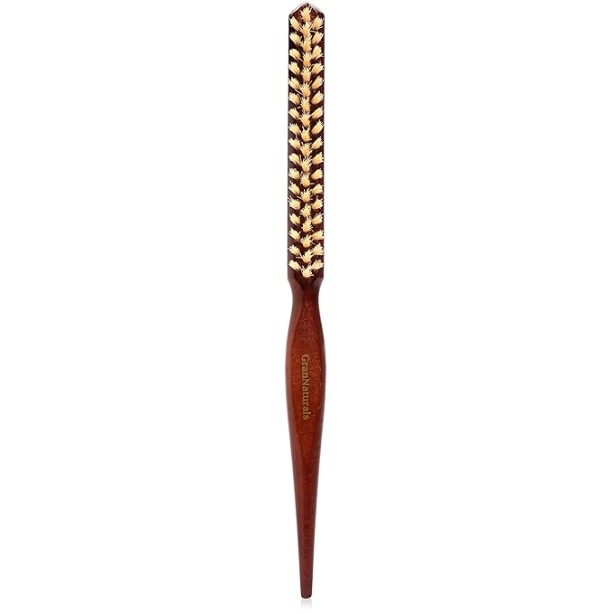 GranNaturals Soft Boar Bristle Teasing Brush for Slick Back Hair, Backcombing, Edge Control, Smoothing Baby Hairs to Create Volume and Sleek Hairstyle - White Bristles - Wooden Rat Tail Comb Handle