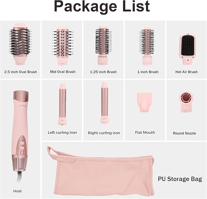 Hair Dryer Brush & 9-in-1 Air Styler, Powerful Fast Drying with Multiple Attachments for Drying, Volumizing, Curling, Straightening and Styling, with Leather Travel Pouch, US Plug 110 Volt