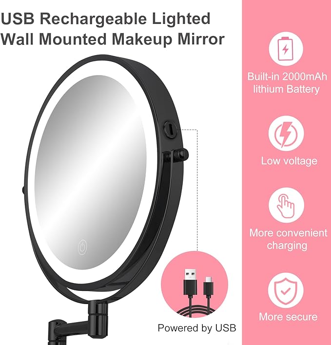 Rechargeable 8” Wall Mounted Makeup Mirror with Lights, 1X/10X Double-Sided, 2000mAh Battery, 3-Color Touch Control LED, Foldable Extendable Arm, Lighted Bathroom Vanity Mirror – Black