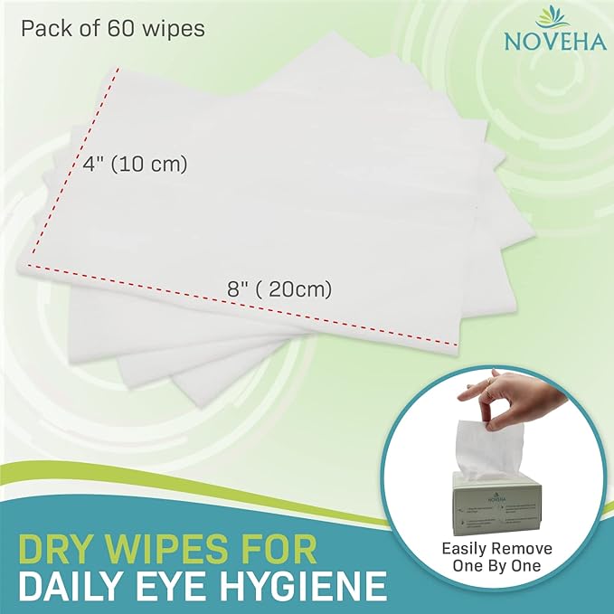NOVEHA 60PCs Dry Wipes - Gentle & Hypoallergenic Daily Eye & Nasal Cleanser Wipes - Makeup Removal - Calm, Relieve, Soothe, Hydrate Your Skin Naturally - Can be Use with our Foam and Cleanser Line