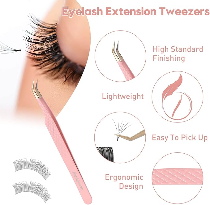 Ms.Queen Eyelash Tweezers Set,Professional 2Pcs Fiber Tip 45 90 Degree Mega Volume Lash Extension Tweezers