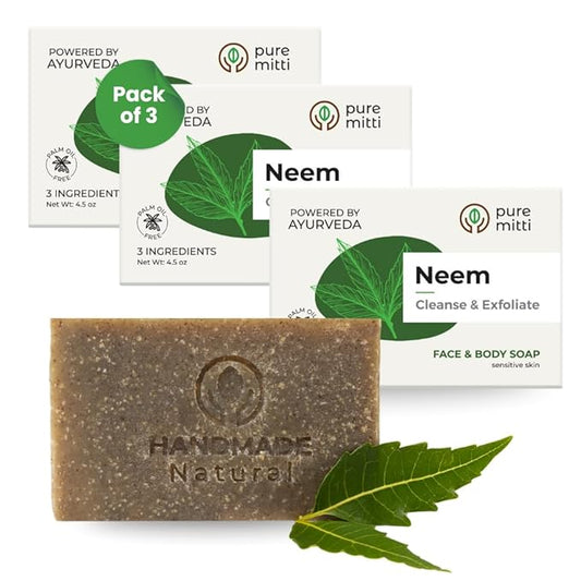 Neem Face, Body Bar Soap 4.5 oz, 3 Pack | Ayurvedic Exfoliating, Cleansing Bar with Coconut Oil, Castor Oil | Gentle Bath Soaps for Face Wash, Body Wash | Soft Soap for Daily Use, All Skins