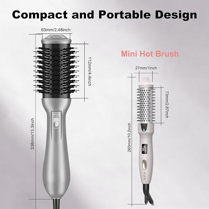 K&K Mini Thermal Brush 3/4", Heated Round Brush for Volume & Small Curls, Travel Curling Iron for Short & Thin Hair, Dual Voltage, Multiple Heat Settings, Fast Heating, Anti-Scald, Up to 400°F