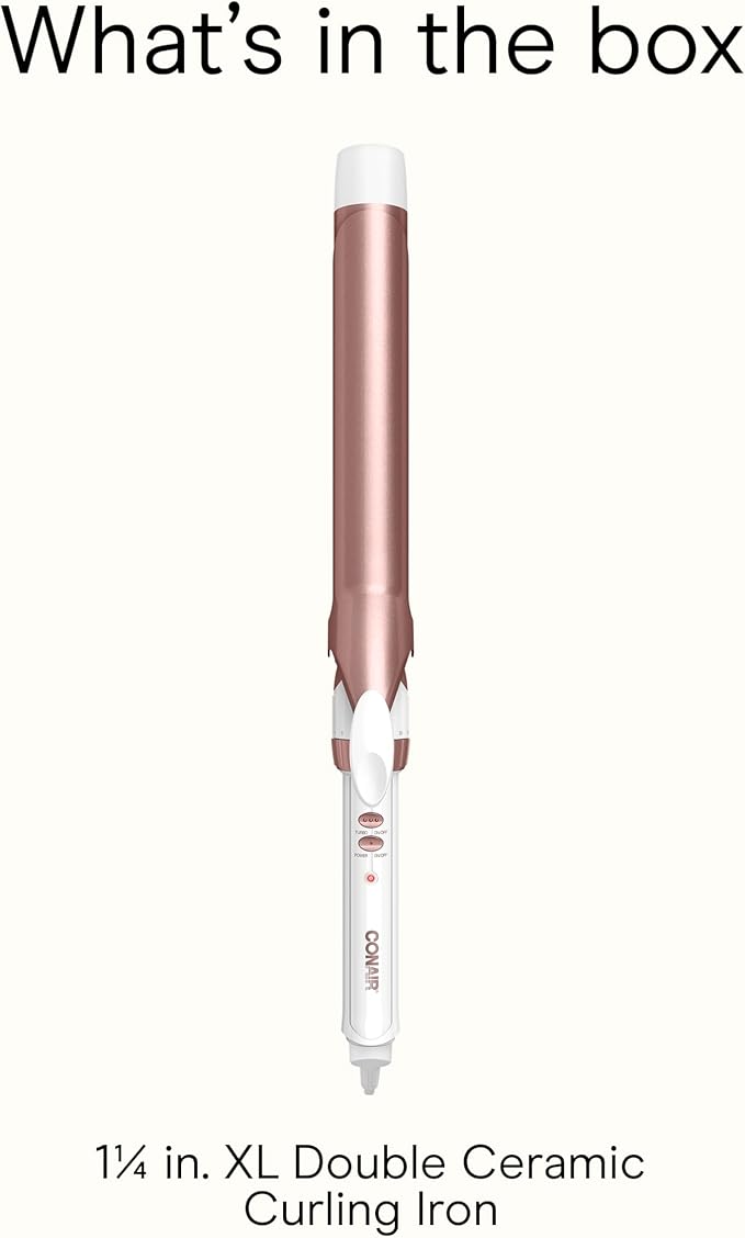 Conair Double Ceramic 1 1/4-Inch Curling Iron, 1-1/4 Inch Extra-Long Barrel Hair Curling Iron, 30 Heat Settings, Turbo Heat, Auto Off, Cool Tip, Dual Voltage, Rose Gold