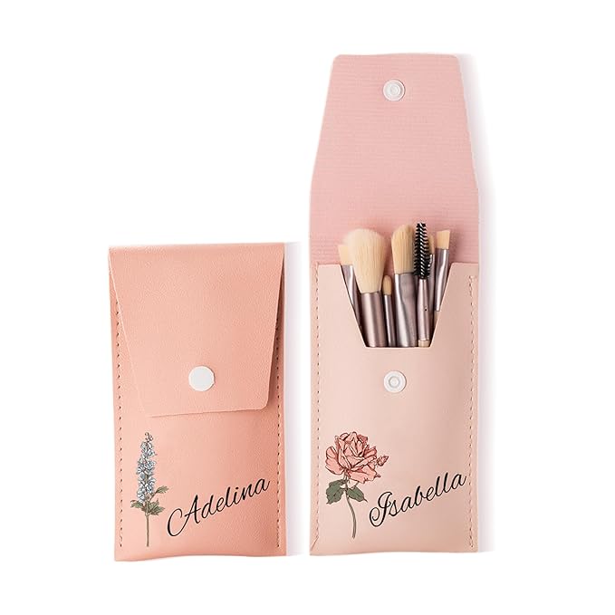 callie Personalized Makeup Brush Set, Custom Birth Flower Travel Cosmetic Makeup Brush Set with Bag Holder Case, Birthday Gift for Women (8 Brushes)