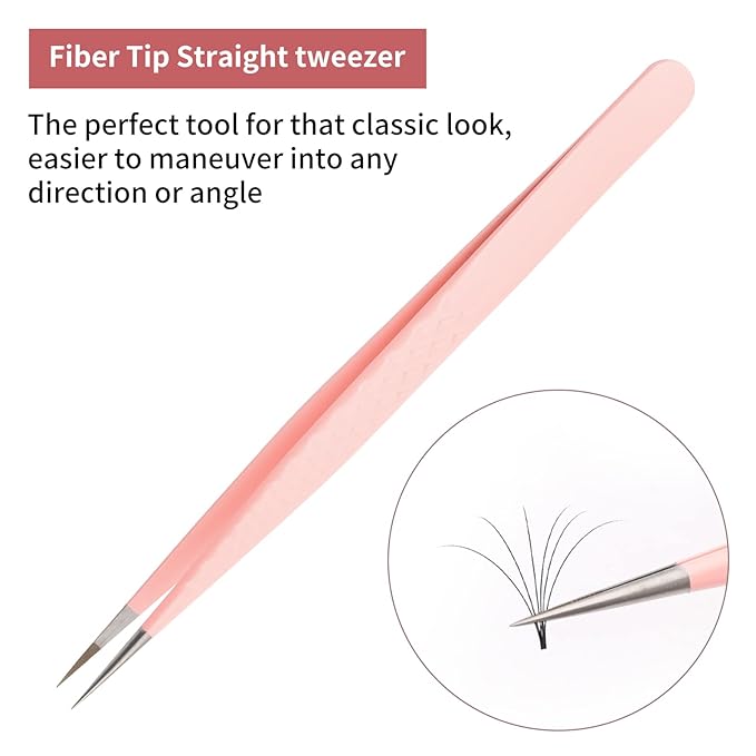 FADLASH Precision Lash Tweezers - Straight Fiber Tip Eyelash Extension Tweezers - Professional Artist Tech Work Kit - Pink
