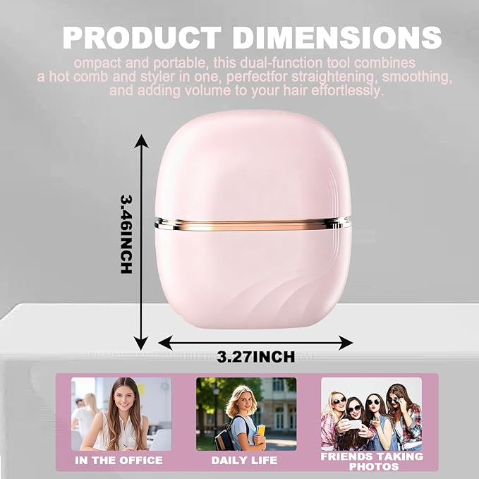 Mini Straightener Brush, Rechargeable Portable Hair Straightener Brush, 3-Speed Temperature Control, Anti-Scald Shell, Lightweight and Portable for Home Travel Gift (Pink)