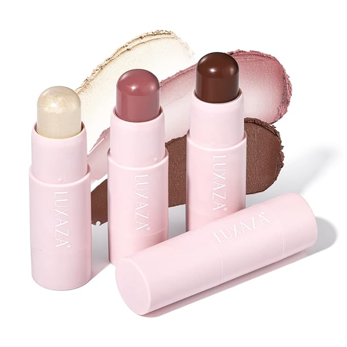 3PCS Cream Blush Highlighter Bronzer Contour Stick, Face Make up Kit Sticks for Girls and Women #HCB2 Medium to Dark
