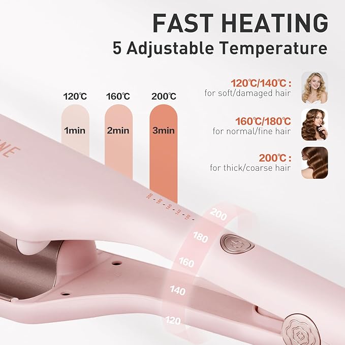 TANSHINE Curling Iron Hair Waver,1.25 Inch Dual Barrel Barrel Ceramic Hair Crimper for Beach Waves,Ionic Deep Waver Curler with Dual Voltage, Anti-Scald Protection Curling Wand, Adjustable Temp,Pink