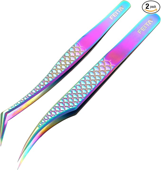 FEITA Diamond Grip Eyelash Extensions Tweezer Lash Precision Tweezers, Japanese Steel Dolphin-shaped & Angled Tip, False Lashes Application Tools, Multi-color 2Pcs