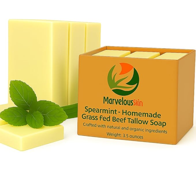 Spearmint Tallow Soap – Smooth, Sweet Mint Bar Made with Grass-Fed Tallow & Organic Spearmint Essential Oil – Naturally Refreshing – 3 Pack