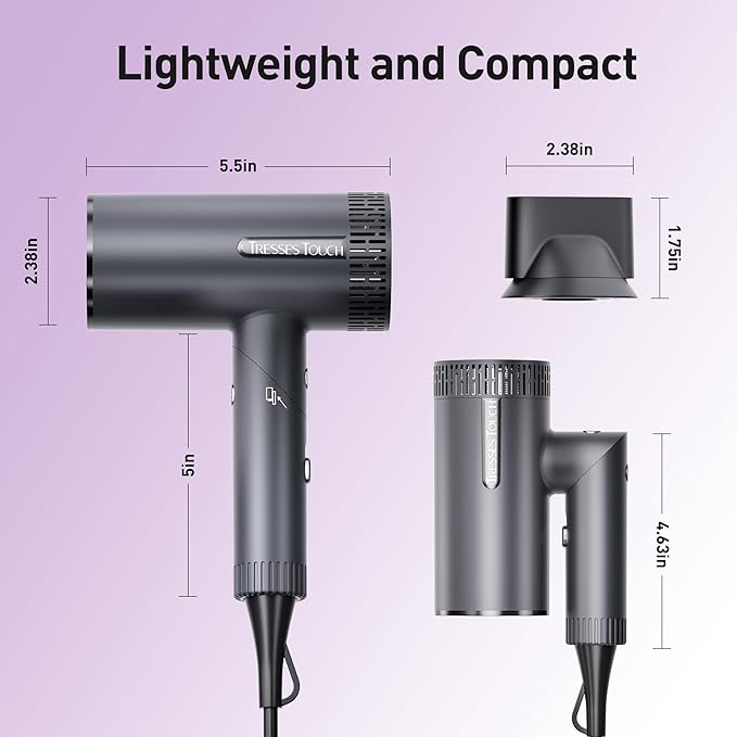 Hair Dryer, High-Speed Ionic Blow Dryer, Powerful 1600 Watt Motor for Fast Drying and Straight & Wavy Hair, Foldable, Lightweight Hairdryer with with Magnetic Suction Nozzle for Home Salon Travel