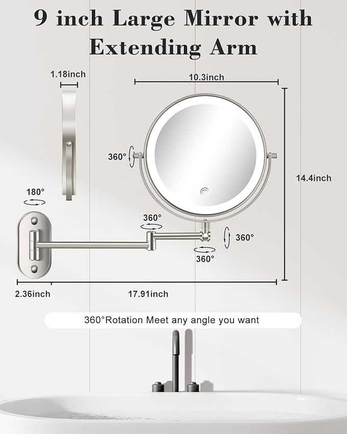 30X/1X Wall Mounted Lighted Makeup Mirror, 9'' Height Adjustable Double Sided 5000mAh Rechargeable Magnifying Bathroom Mirror with Light, 3 Color Modes Touch Dimmable Extended Arm 360 Rotation