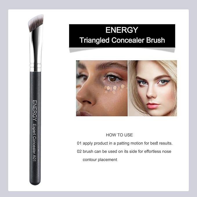 ENERGY Concealer Brush Under Eye Angled Nose Contour Brush for Powder Foundation Eyeshadow Concealer with Liquid Cream Powder Concealing Blending Contouring Triangled Vegan Face Brush Large, Black