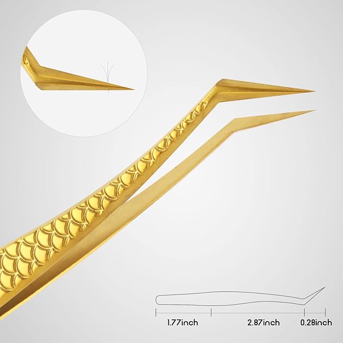 FEITA Diamond Grip Eyelash Extensions Tweezer Lash Precision Tweezers, Japanese Steel Dolphin-shaped & Angled Tip, False Lashes Application Tools, Gold 2Pcs