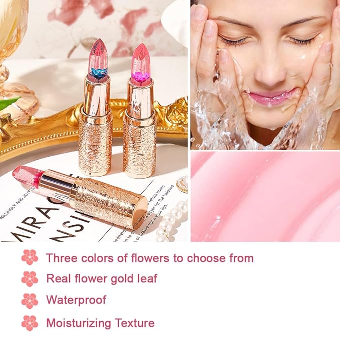 3 Pcs Flower Jelly Lipstick Set Temperature Change Moisturizer Long Lasting Nutritious Balm Magic Color Change Lip Gloss