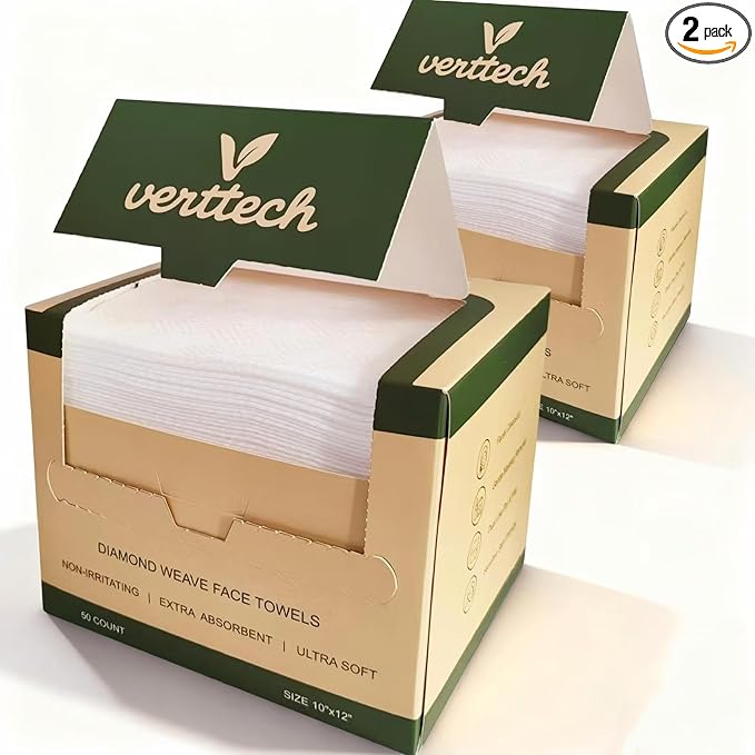 verttech™ Diamond Weave Face Towelettes Disposable XL, 100 Count (2PK), 10"x12" Clean Towels for Face, Disposable Facial Towels & Washcloths, Makeup Remover Wipes & Face Towels Clean Skin