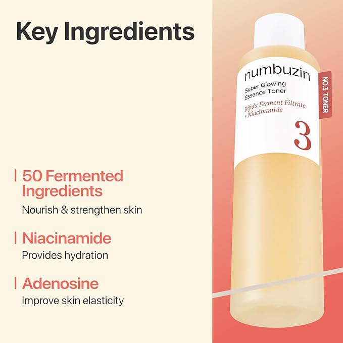 numbuzin No.3 Super Glowing Essence Toner, Fermented Toner for Skin Glow & Texture, Bifida, Niacinamide, Hydrating, Radiance-Boosting Essence, Fragrance-Free, 6.76 fl oz (200ml)