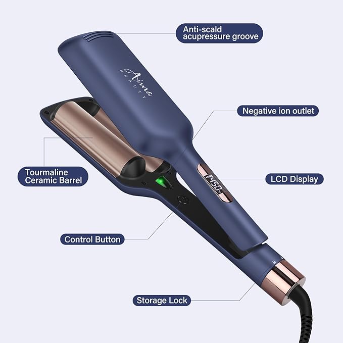 32mm (1.25") Aima Beauty Twins Mermaid Loose Hair Waver, Anti-Scald Hair Crimper 2 Barrel, Worldwide Dual Voltage Curling Iron, Curling Wand Storage Lock 15S Heats Up Medium/Long Hair Prussian Blue