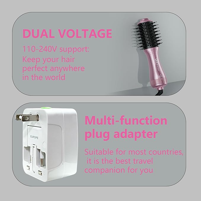 DAN Dual Voltage Hair Dryer Brush,2 inch Blow Dryer Brush,110V-120V/220V-240V Automatic Dual Voltage,smallBrush Hair dryers with Multifunctional Conversion Plug,for European and Travel Use
