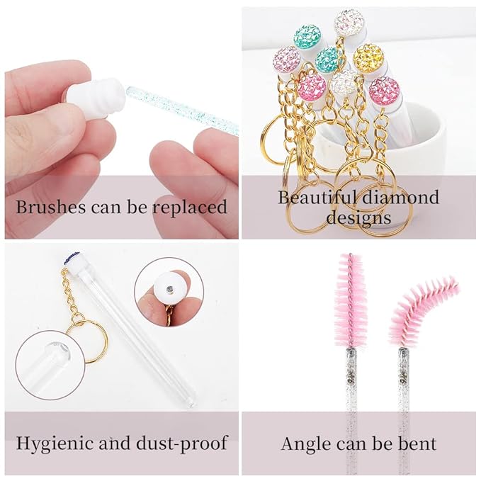 20 Pcs Mascara Wand Tube Set Diamond Key Chain Tube Empty Mascara Brushes Eyelash Spoolies Brush Makeup Tool Applicator (Mixed 5 color)