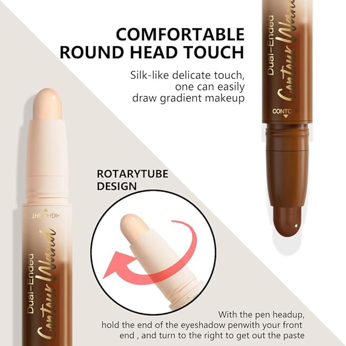 2in1 Nude+Light Beige Cream Contour Highlighter Stick, Dual-Ended Highlighter Makeup Contour Stick, Contour Stick Dual Ended For Face Body Makeup, Long Lasting Waterproof for All Skin Tones