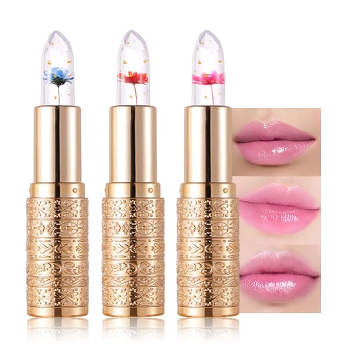 3 Pcs Flower Jelly Lipstick Set Temperature Change Moisturizer Long Lasting Nutritious Balm Magic Color Change Lip Gloss