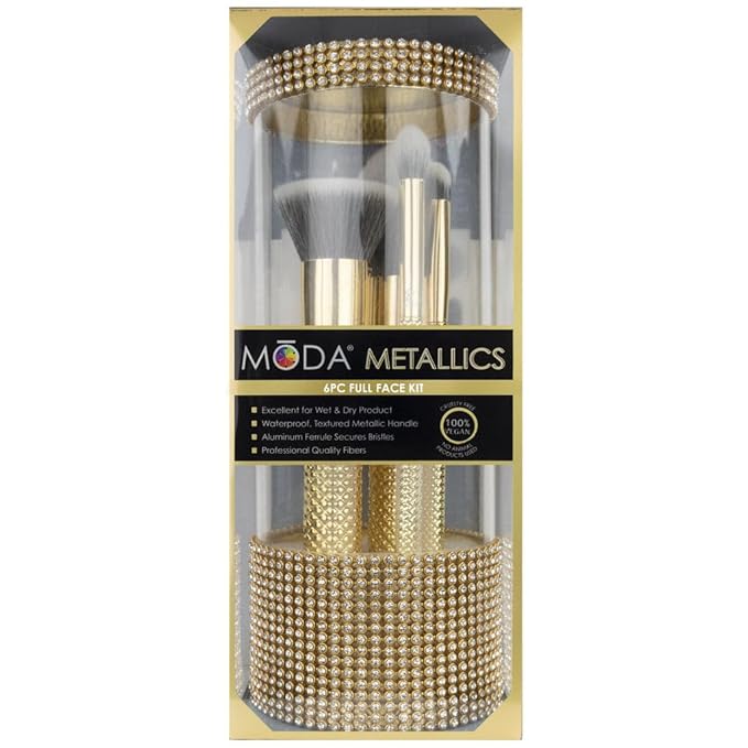 MODA Metallics 6-Piece Full Face Makeup Brush Set – Gold Vegan Cosmetic Brushes for Foundation, Highlight, Eyes & More