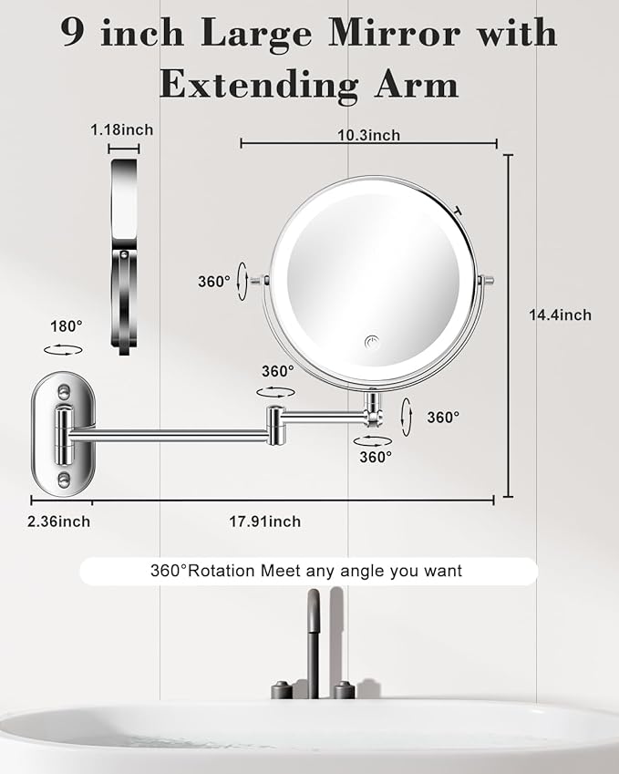 30X/1X Wall Mounted Lighted Makeup Mirror, 9'' Height Adjustable Double Sided 5000mAh Rechargeable Magnifying Bathroom Mirror with Light, 3 Color Modes Touch Dimmable Extended Arm 360 Rotation