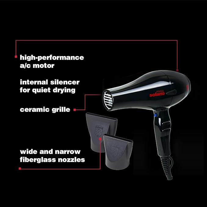 Solano Forza Ultra-Fast Ionic Far Infrared Hair Dryer | Eliminate Frizz + Enhances Volume | 1875 Watt + Tourmaline + Internal Silencer | Italian-Made