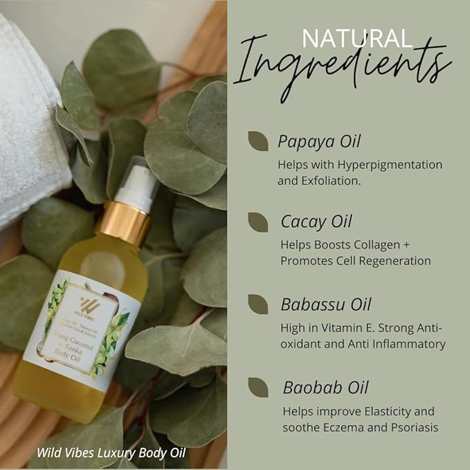 Wild Vibes Ylang Coconut + Vanilla Bean Body Oil with Vitamin E – Hydrating Botanical Blend with Jojoba, Papaya Seed & Cacay Oil – Lightweight Moisturizer for Soft, Glowing Skin 4oz