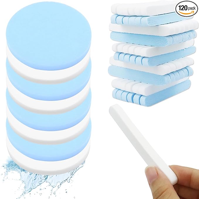 120 Count Compressed Facial Sponges, Face Cleansing Sponge for Estheticians Spa Wash Round Makeup Removal Sponge Pads for Women,Girls Compress Exfoliating Removal Sponge (White & Blue)
