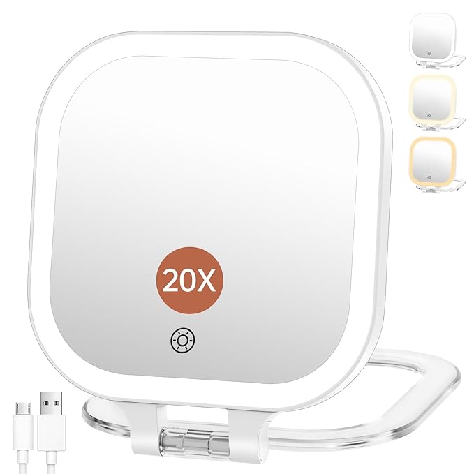 FASCINATE Compact Travel Makeup Mirror with Lights and Magnification, 3.5 inch Portable 1X/20X Magnifying Mirror with 3 Color Light, Folding, Handheld (White)