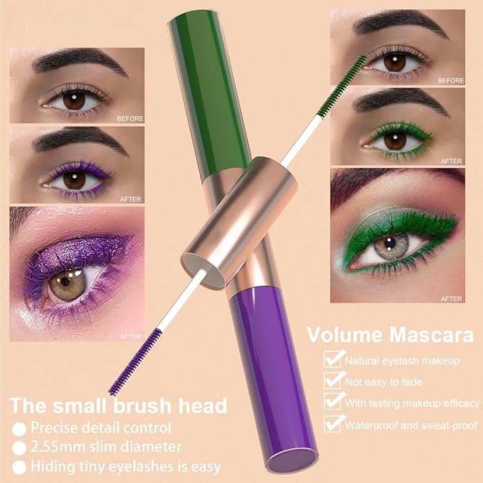 Waterproof Colorful Mascara with Small Brush, 1 Mascara with 2 Colors, Multi-Color, 2 Brush 2 Colors, Smudge-Proof, Long-Lasting, Volume and Lengthening, No Clumping (Green & Purple)