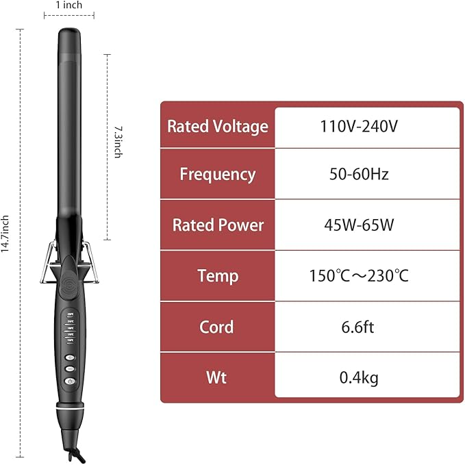 1 Inch Extra Long Barrel Curling Iron, Tourmaline Ceramic Curling Iron with Auto Shut-Off, Dual Voltage 110-240V Hair Curler Suitable for Travel, Including Glove