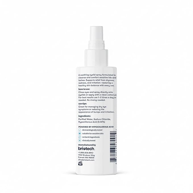 BRIOTECH Eyelid Cleanser, Hypochlorous Acid Spray, Lid & Eyelash Cleanser, Soothe Sensitivities, Calm Redness & Bumps, Support Against Irritation, Vegan, Travel Size 2 Fl oz (1 Pack)
