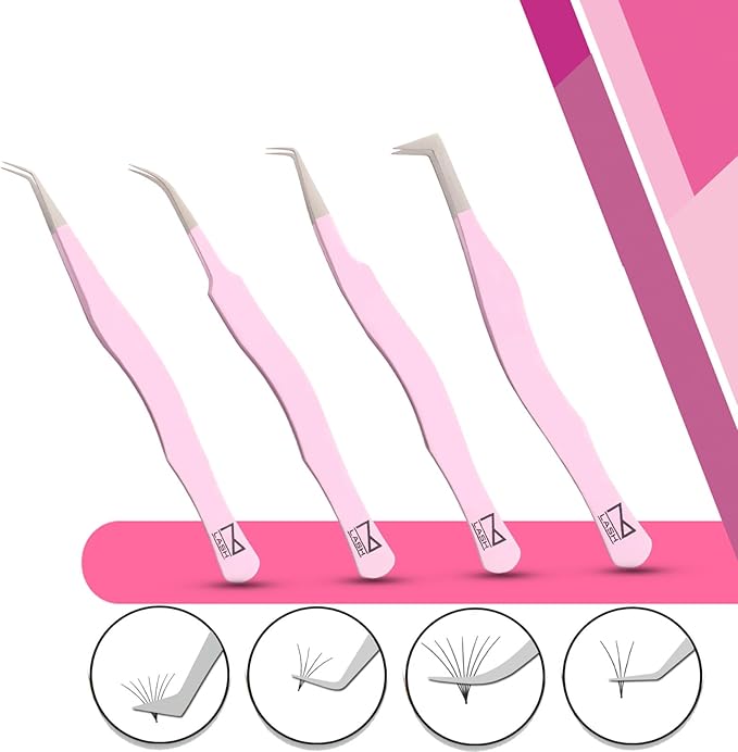 M LASH Eyelash Tweezers for Eyelash Extensions (Set of 4) - Professional Lash Extension Tweezers - Fiber Tip Lash Tweezers, Japanese Steel, Diamond Grip For Flawless Application (Lilac)