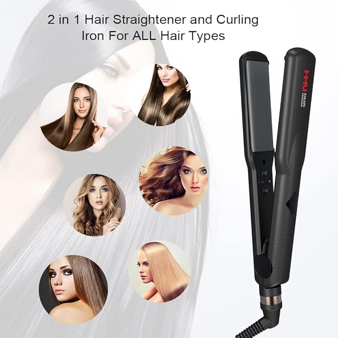 Professional Hair Straightener 2 in 1 Dual Voltage Curling Iron with Floating Plates, 1.25 Inch Wide Ceramic Ionic Flat Iron for Straightening and Curling,Digital Disply,Auto Shut Off, Black