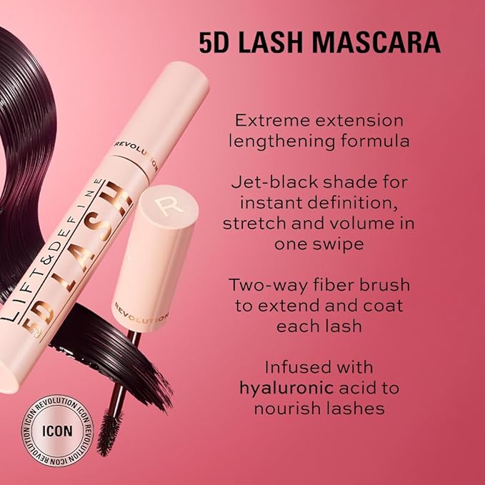 Revolution, 5D Lash Mascara, Lengthening & Volumizing Effect, Jet Black Formula, Infused with Hyaluronic Acid, Vegan & Cruelty-Free, 0.47 fl oz