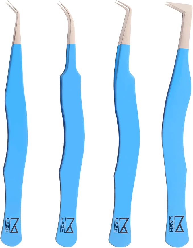 M LASH Eyelash Tweezers for Eyelash Extensions (Set of 4) - Professional Lash Extension Tweezers - Fiber Tip Lash Tweezers, Japanese Steel, Diamond Grip For Flawless Application (Teal)
