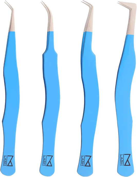 M LASH Eyelash Tweezers for Eyelash Extensions (Set of 4) - Professional Lash Extension Tweezers - Fiber Tip Lash Tweezers, Japanese Steel, Diamond Grip For Flawless Application (Teal)